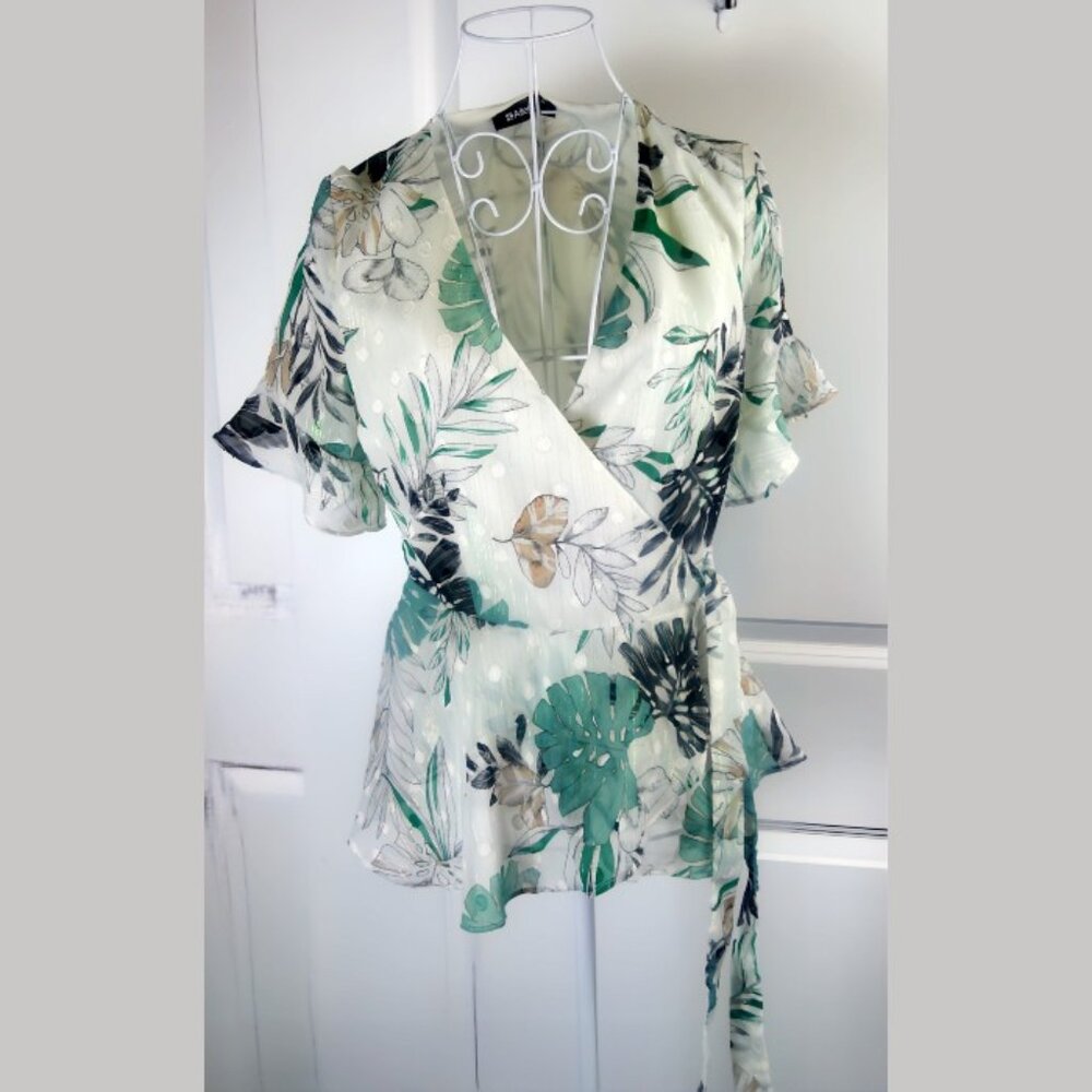 Allegra K Tropical Print Tie‑Waist Peplum Wrap Top | Size Small